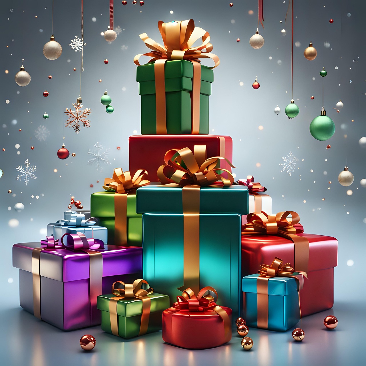 ai generated, presents, baubles, xmas, christmas, holidays, christmas balls, ribbon, bow, snowflake, reflecting