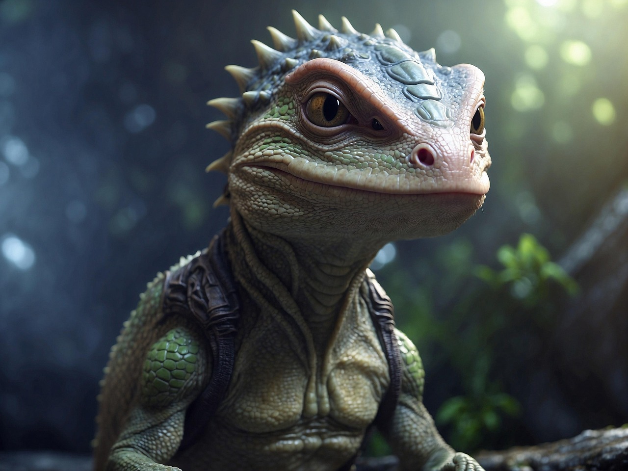 ai generated, lizard, creature, fantasy, futuristic, extraterrestrial, sci-fi, cartoon, youngster, young, cute, reptilian