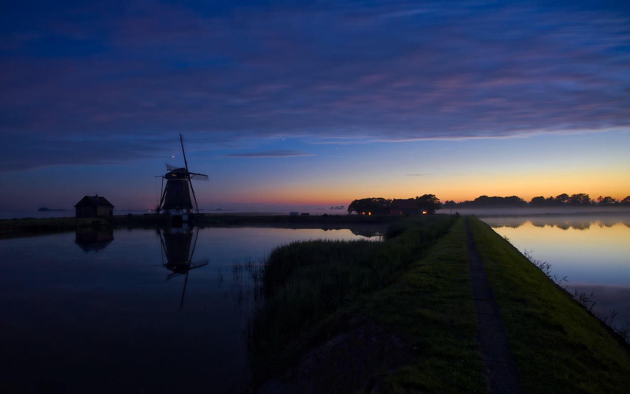 pond, windmill, texel, netherlands, night, nature, summer, holland, dike