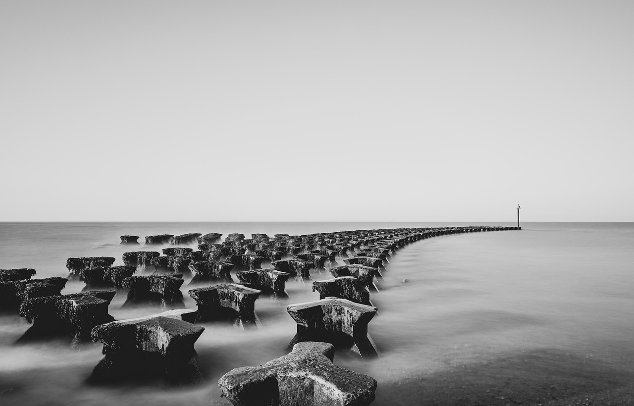 sea, ocean, beach defence, beach, water, seascape, long exposure, black and white, felixstowe, suffolk, uk, cobbolds point, groynes, shadow, horizon, coastline, dawn, outdoors, coast