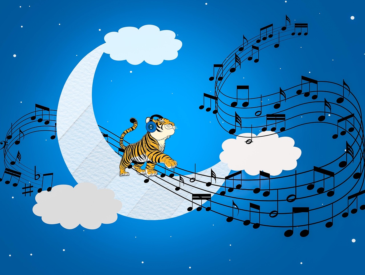 tiger, music notes, paper moon, stars, clouds, design, wallpaper