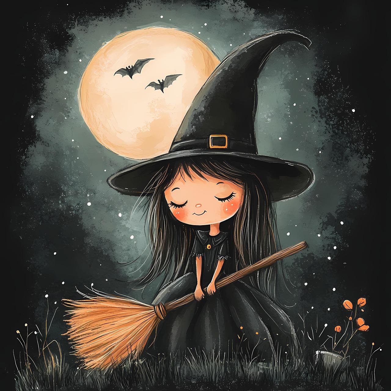 ai generated, girl, witch, cute, broom, magic, costume, spooky, fun, hat, witchcraft, festive, adorable, playful, witch hat, whimsical, halloween, character, magical, fantasy, cartoon
