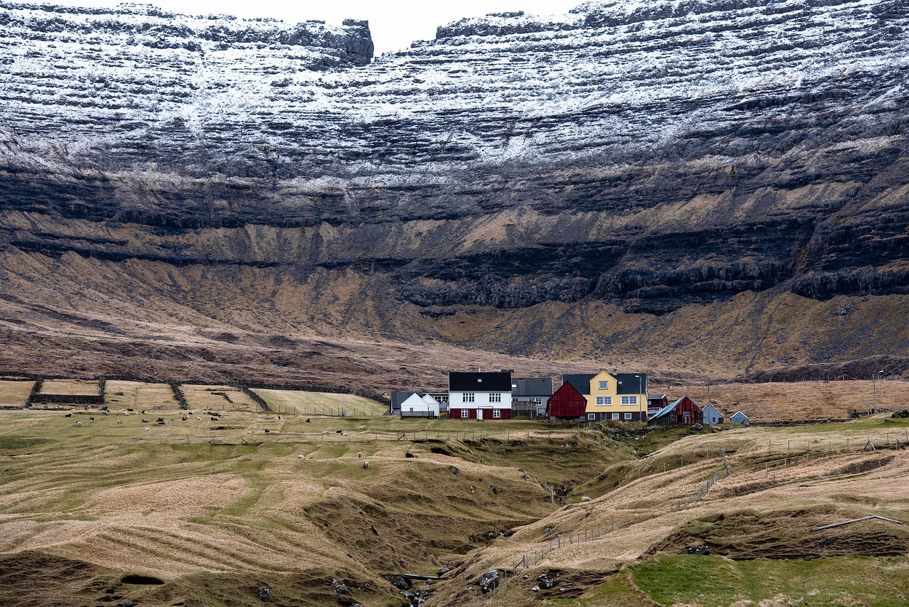 faroe islands, houses, mountains, nature, landscape, snow, faroe