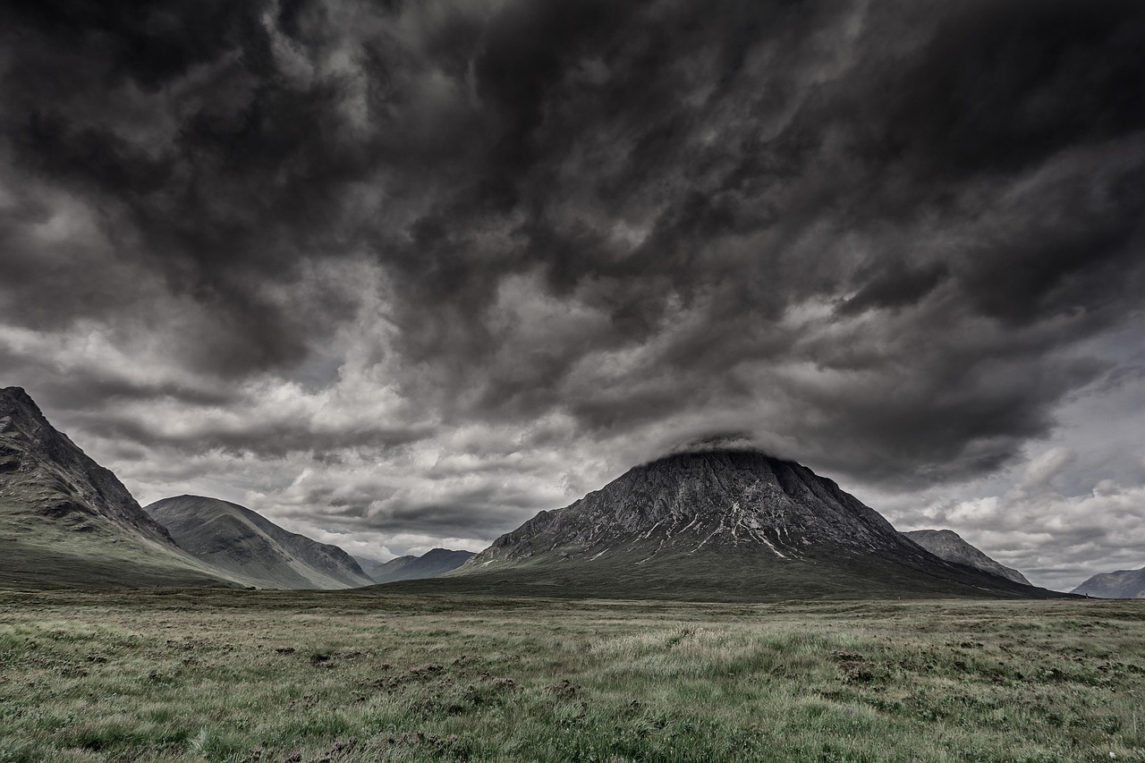 cloudy, mountains, field, meadow, grass, grasslands, grass fields, prairie, mountain landscape, cloudy sky, sky, gloomy, gloomy sky, overcast, scotland, highlands and islands, landscape, highlands, nature, clouds, hills, storm