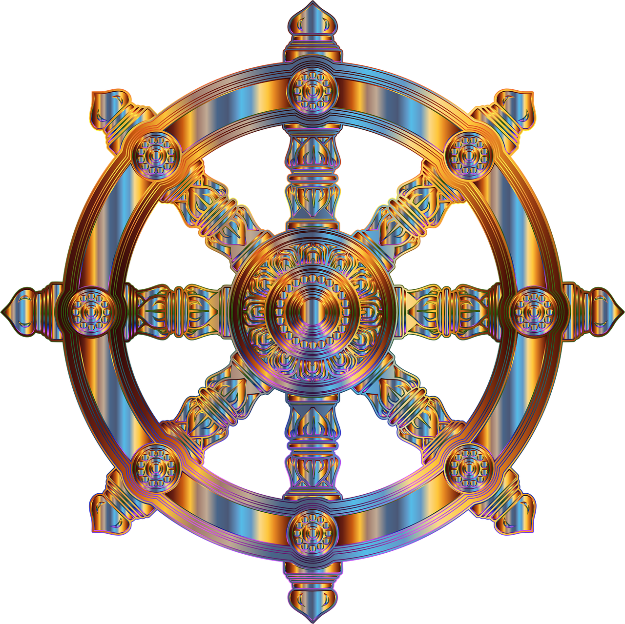 ornate, decorative, dharma, wheel, buddhism, buddha, hinduism, religion, morality, ethics, colorful, prismatic, chromatic, rainbow, abstract, geometric, art