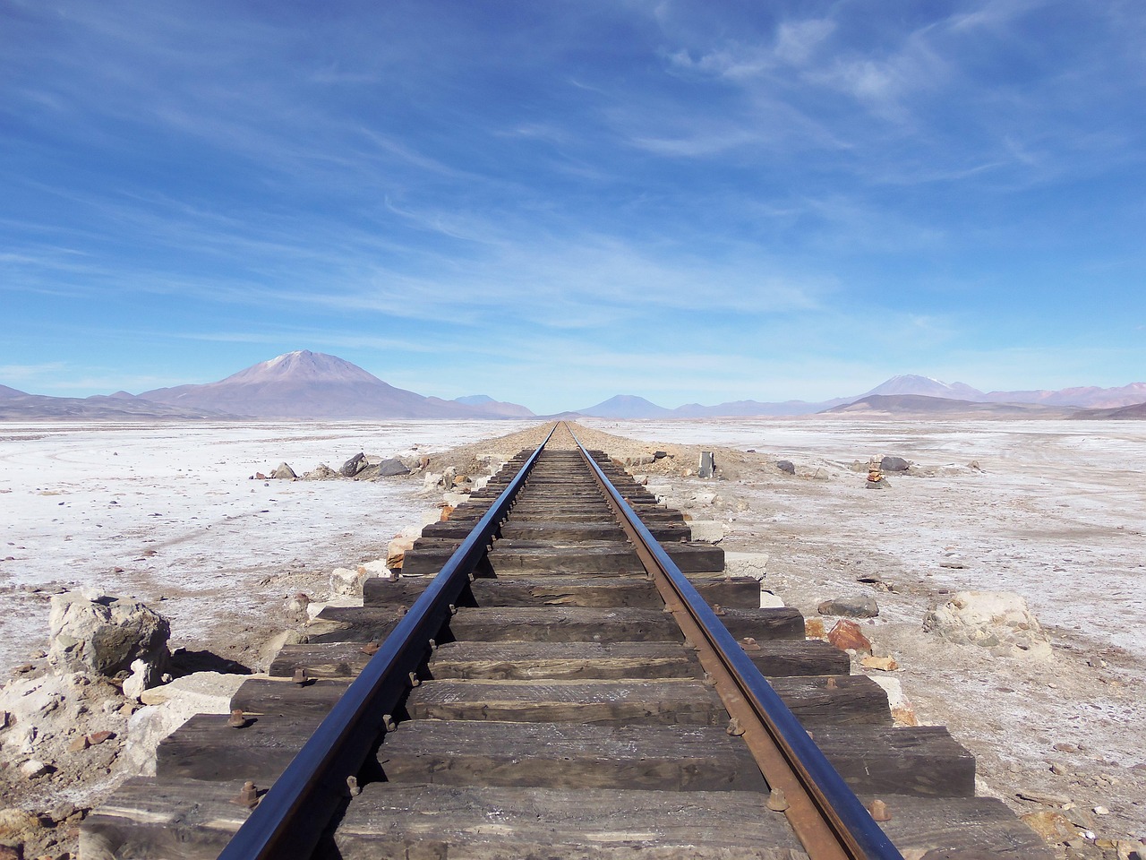 railroad, desert, landscape, rail, railway, rail track, railway track, nature, sky, uyuni, potosì, bolivia, south america