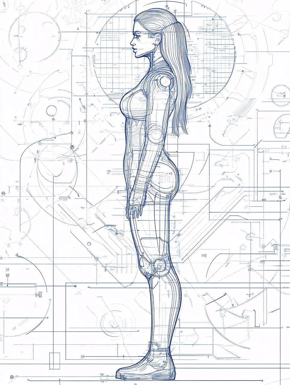 ai generated, blueprint, female, digital, figure, technical, wireframe, body, mechanical, design, futuristic, human, anatomy, concept, technology, engineering, schematics, art, lines, woman