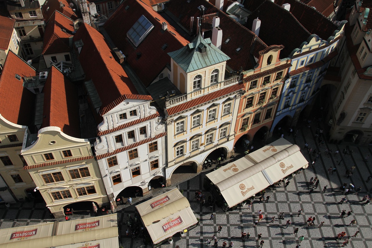buildings, prague, czech, town, tourist, aerial, streets, roofs, people, view, city