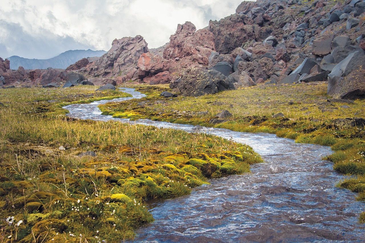 caucasus, russia, elbrus, river, stream, mountains, sun, hike, travels, nature, landscape, travel