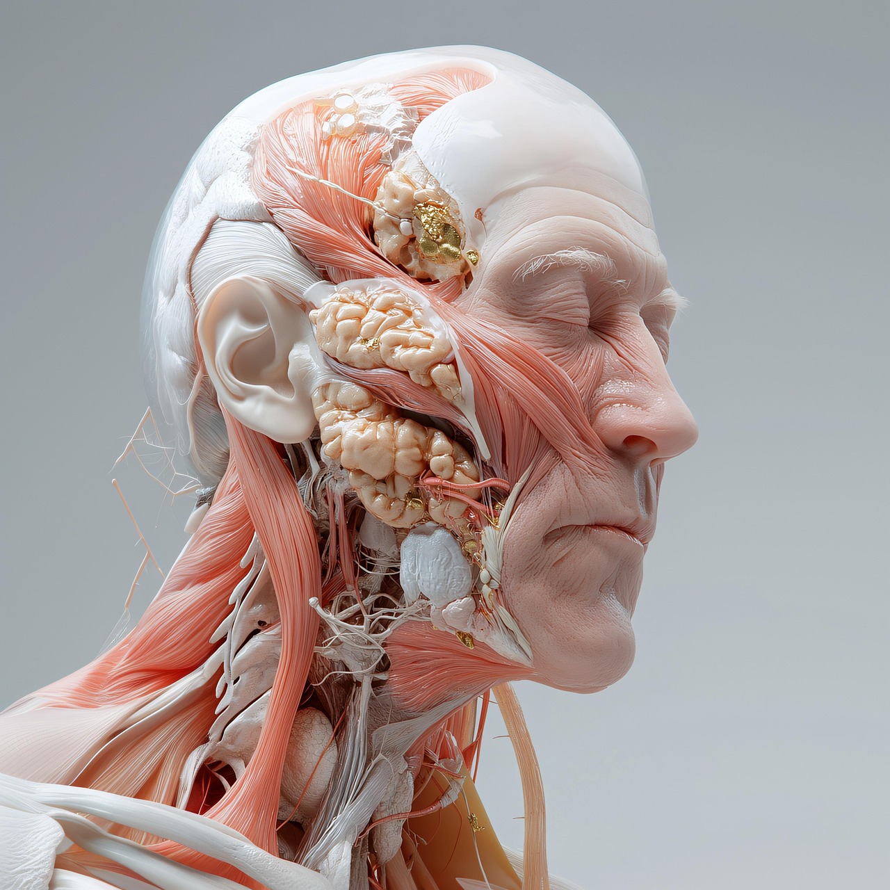 ai generated, anatomy, human, head, muscles, nerves, brain, medical, realistic, biological, science, education, medicine, tendons, anatomical, physiology, healthcare, research