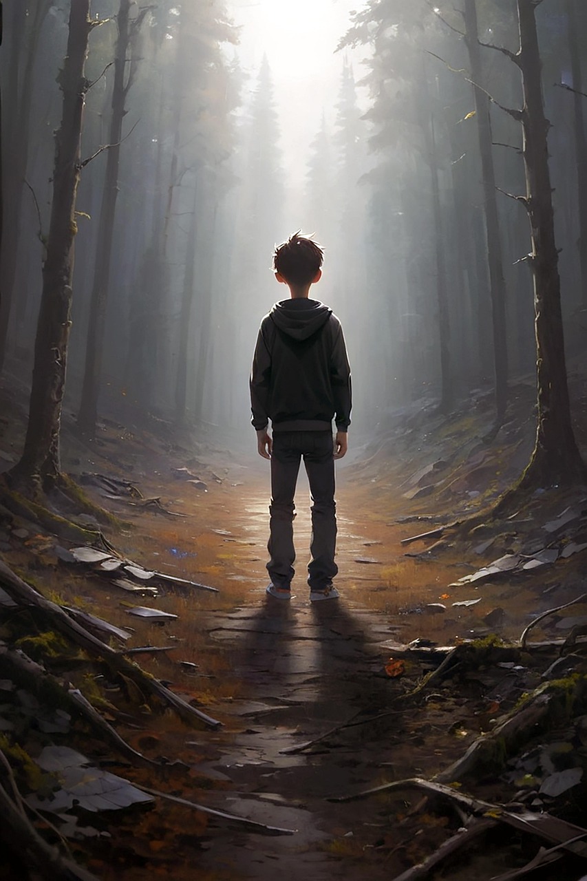 ai generated, boy, forest, bleak, gloomy, loneliness, child, tree, landscape, fog, trail, walk, excursion