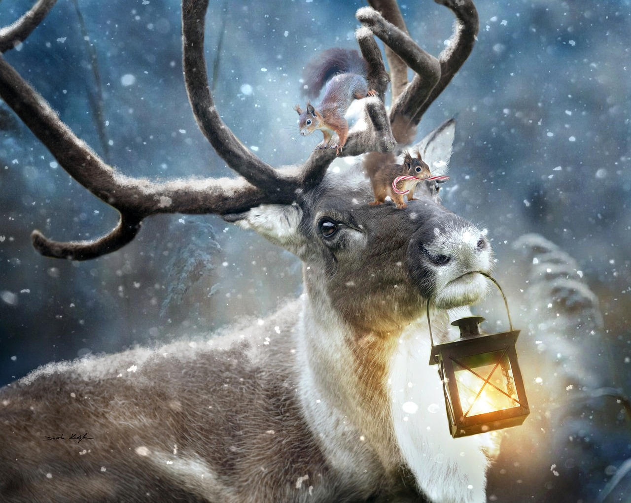 deer, squirrel, winter, antler, lamp, snow, christmas, xmas, magical forest, fantasy, digital art, digital artwork