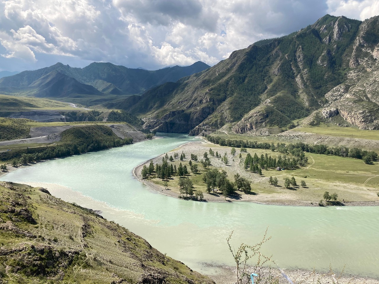 river, mountains, katun, water, bank, trees, mountain range, mountain altai, scenery, scenic, nature, russia