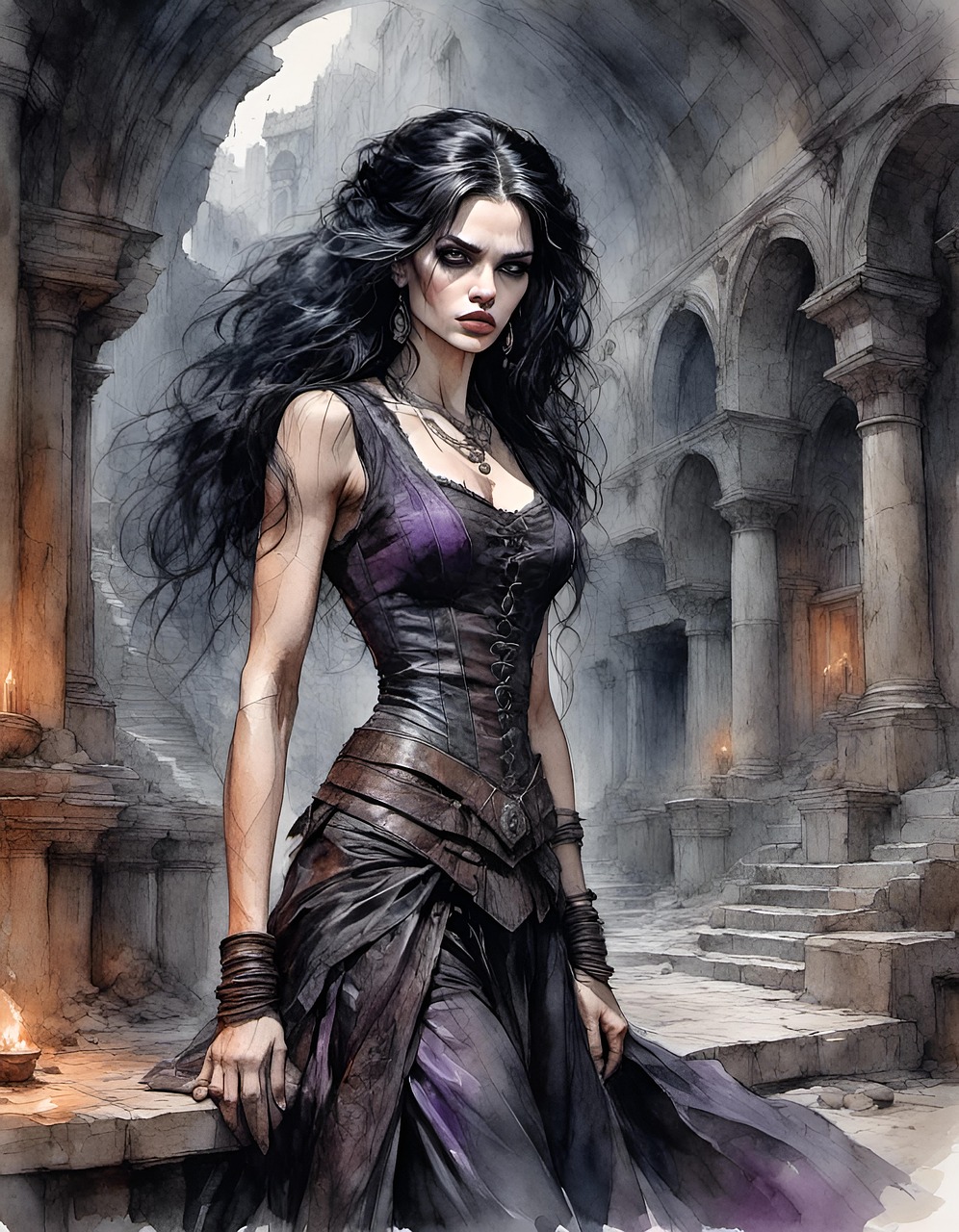 ai generated, woman, goth, angry, building, gothic, architecture, watercolor, portrait