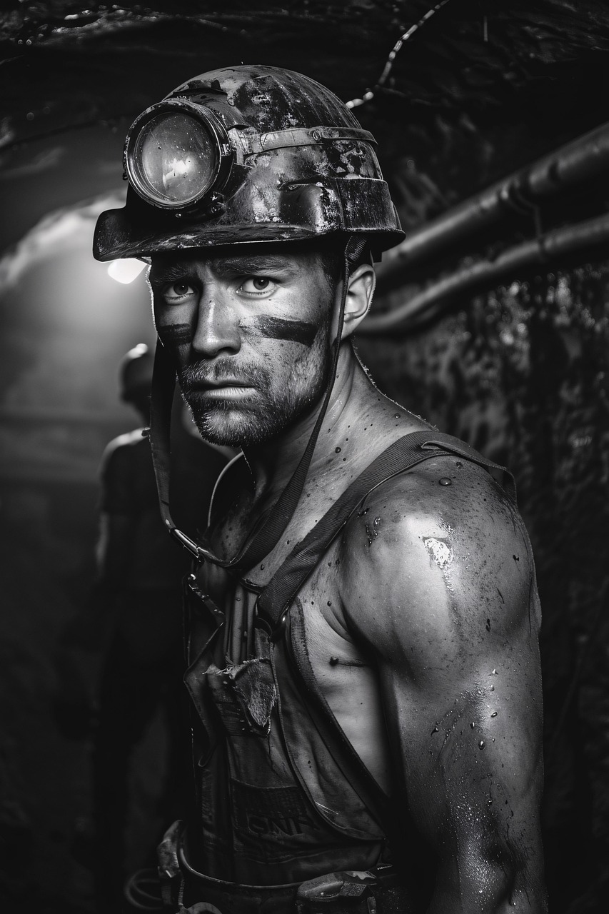 ai generated, coal miner, man, worker, labor, miner, black and white, portrait, soot, sweat, helmet, intense, rugged, underground, work, mining, dirt, headlamps, industrial, photography