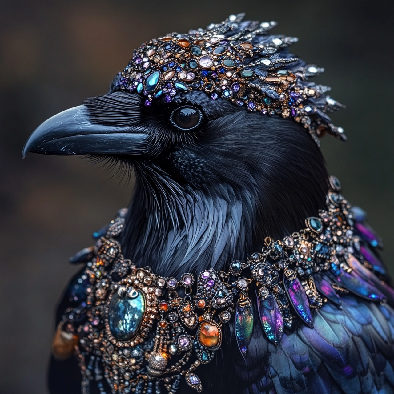 raven, jewelry, elegant, ornate, bird, decorated, dignified, corvid, crow, regal, fantasy, ai generated