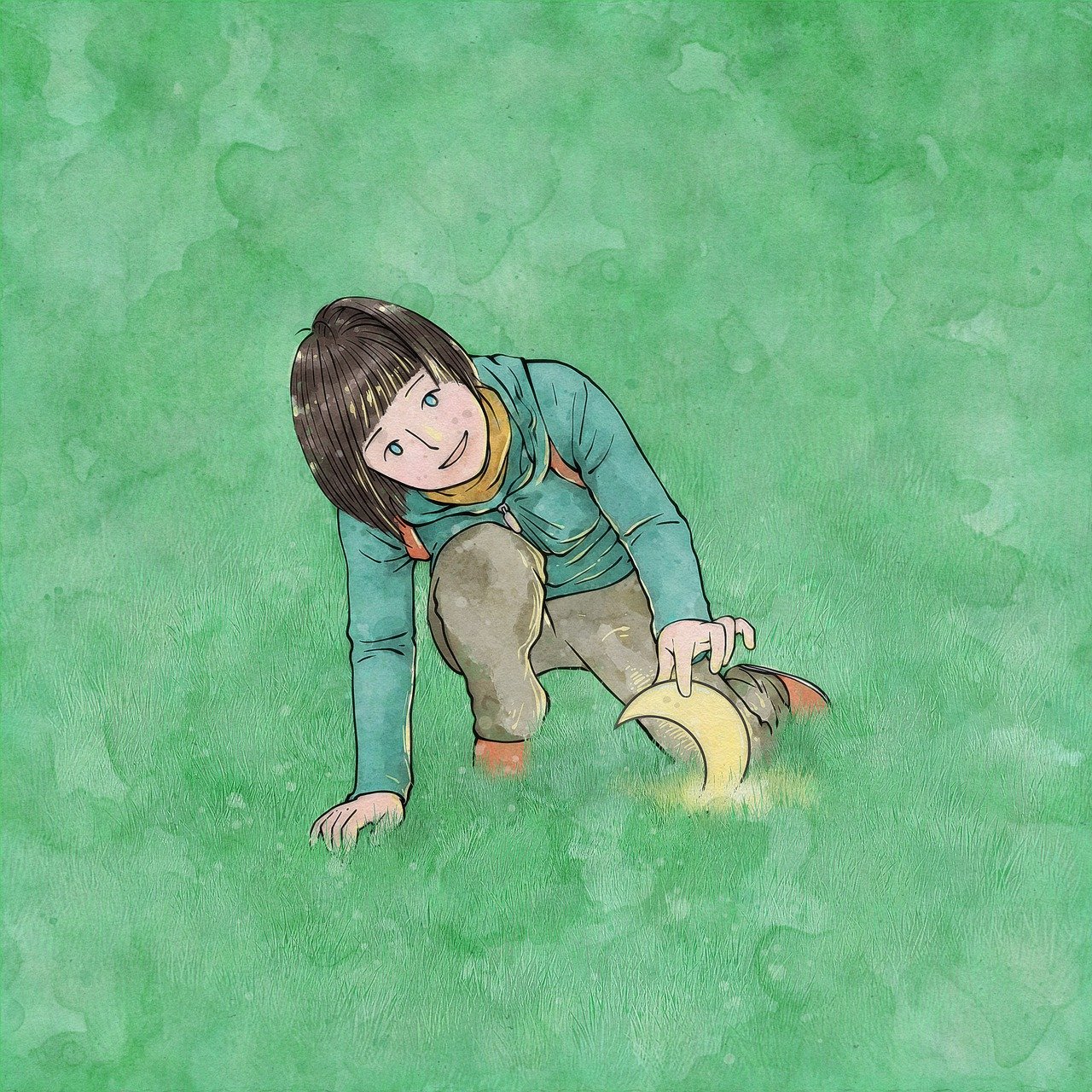 painting, creativity, imagination, moon, girl, grass, green moon, green grass, green painting, green paint, green creative