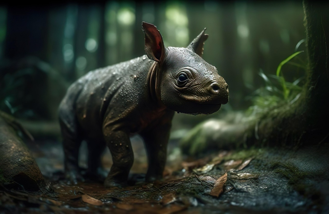 ai generated, rhino, dwarf rhino, sumatran rhino baby, djungle, sumatra, indonesia, extinct