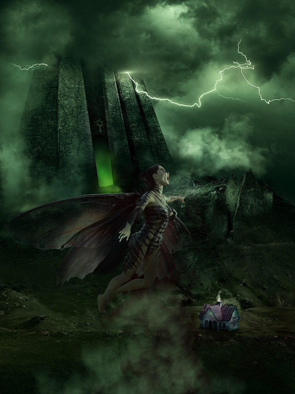storm, castle, angel, fantasy, background