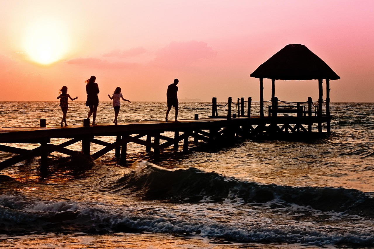 family, children, woman, man, happy, ocean, holiday, pier, silhouette, sunrise, beach, dock, brown beach, brown happy, brown sea, brown sunrise, brown ocean, brown happiness
