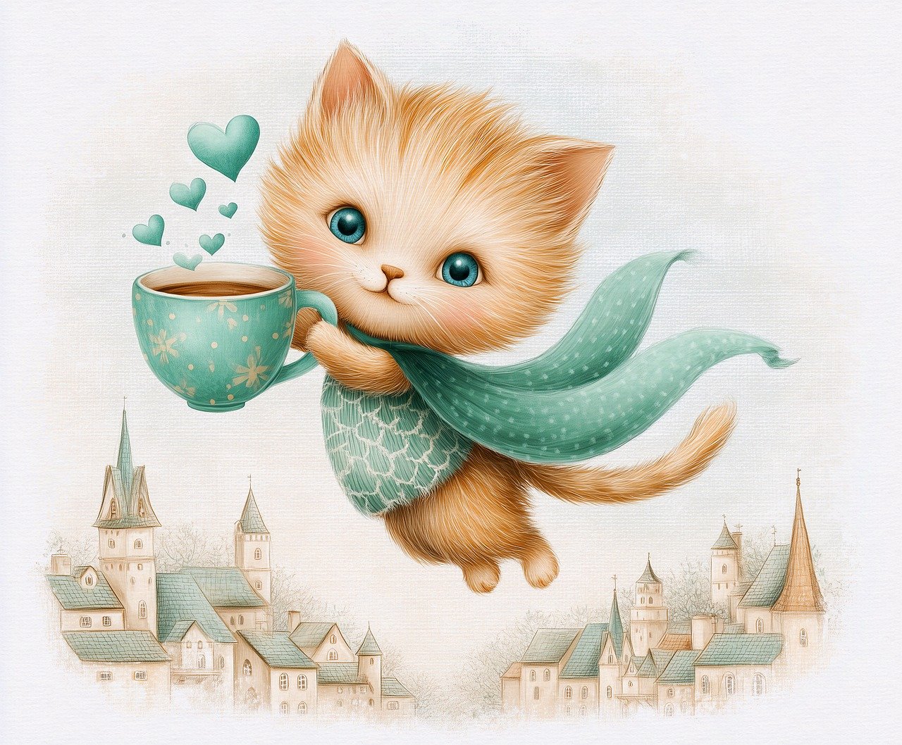 ai generated, animal, tiktok, cat, pet, coffee, hearts, flying, cape, cute, good morning, greeting card, social media, breakfast, invitation, coffee pot, break, kitten