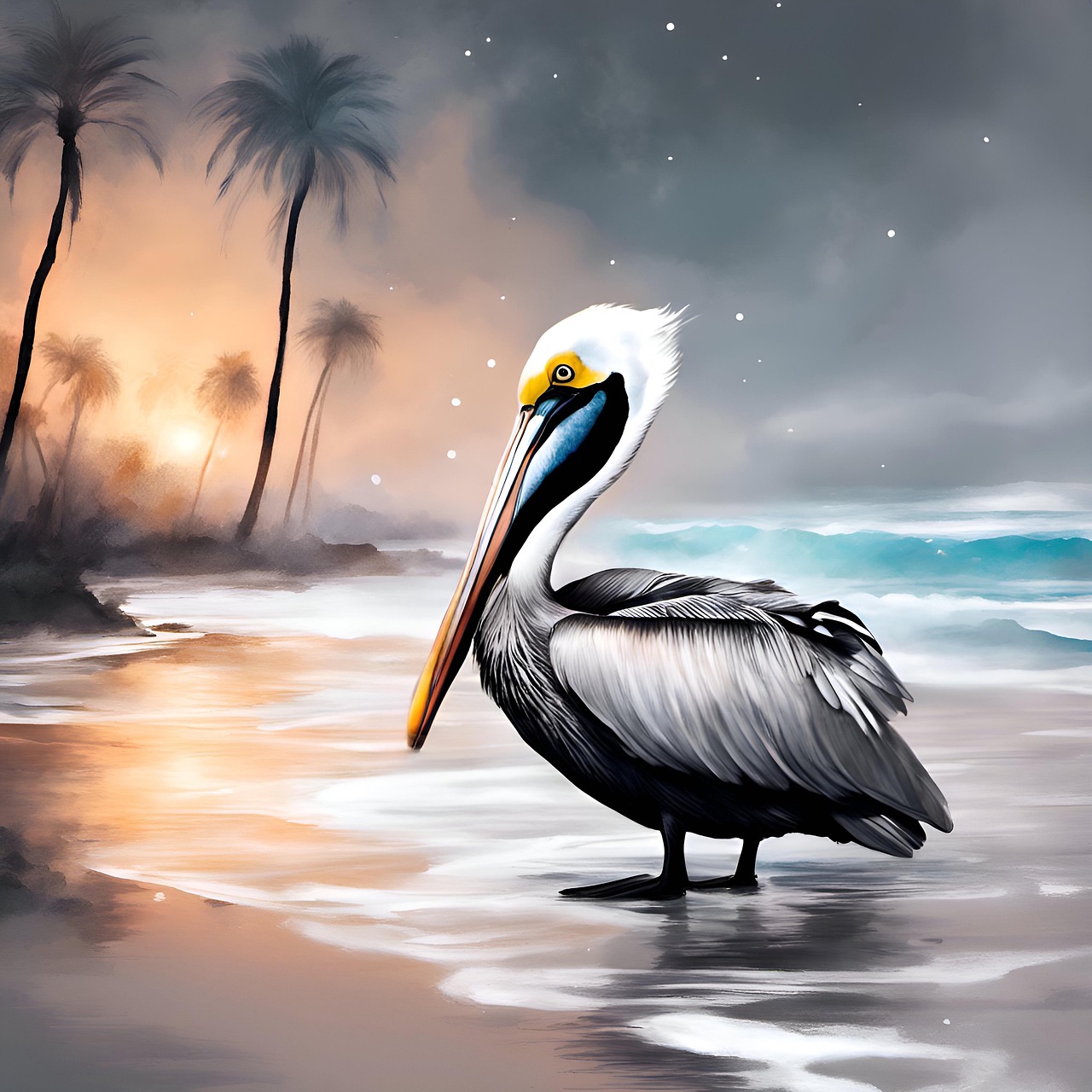 pelican, bird, palm trees, beach, sunset, waves, surf, digital art, painting, wall art