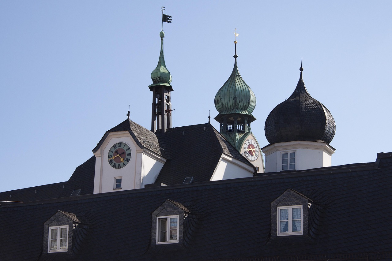 onion domes, tower, onion helmet, roof, building, architecture, spire, tower clock, dormer windows, black, blue, backlighting