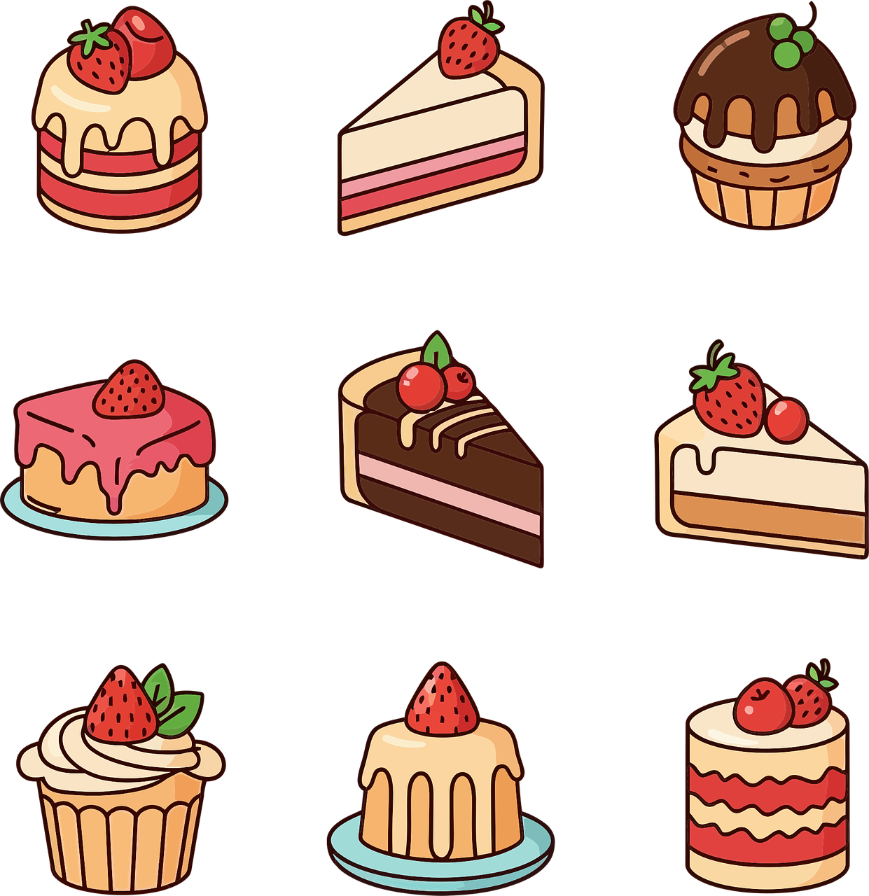 cake, dessert, cupcake, sweet, pastry, bakery, strawberry, chocolate, sweets, food, happy birthday, delicious, cartoon, drawing, celebration, party, menu, snack, treat, baked goods, sugar, tasty, cafe, ai generated