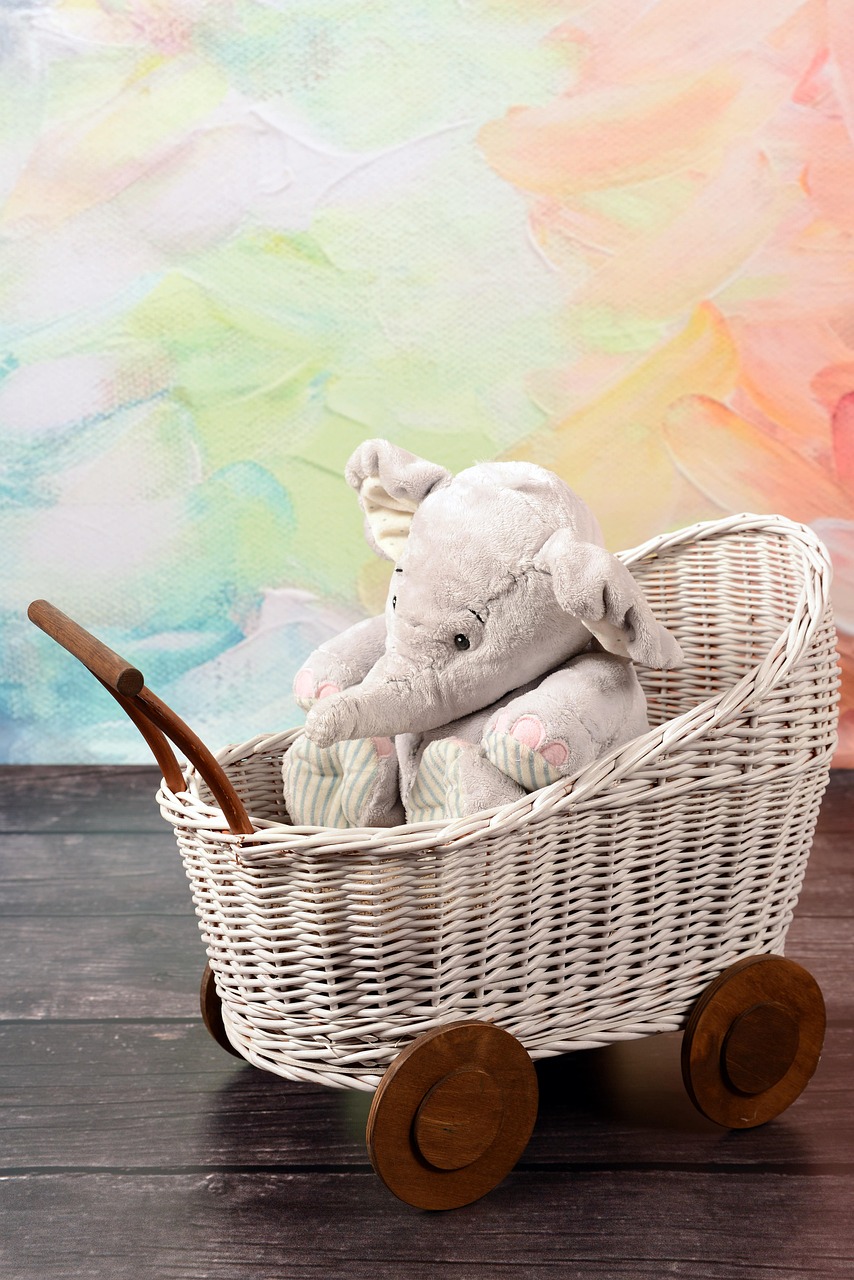 elephant, toy, plush, game, studio, the mascot, stroller, wicker, white, gray, brown, colorful, joy, sit, sitting