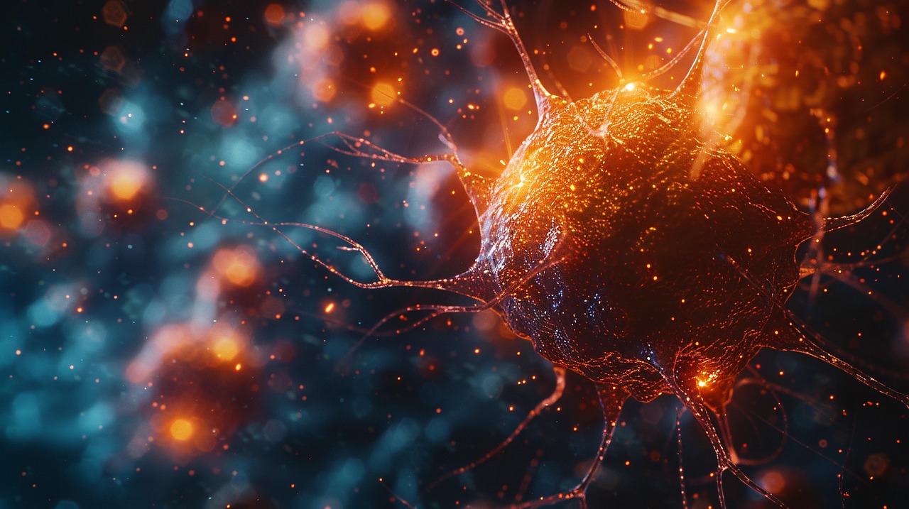 microscopic, cells, spherical, red, purple, particles, glowing, dark, ethereal, bokeh, filaments, close-up, biology, science, microscopic view, floating cells, interconnected cells, detailed, vibrant, abstract, background, medical, microbiology, microscopic world, cellular, ai generated