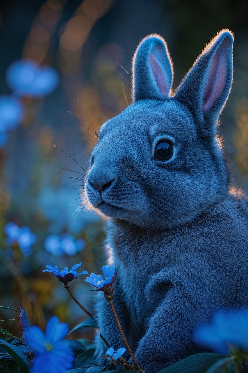 hare, rabbit, animal, blue hour, burrow, leveret, kit, lagomorph, meadow, field, wild, domestic, pet, fur, whiskers, ears, paws, hopping, grazing, crepuscular, ai generated