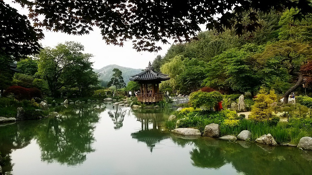 arboretum, nature, pond, tree, hanok