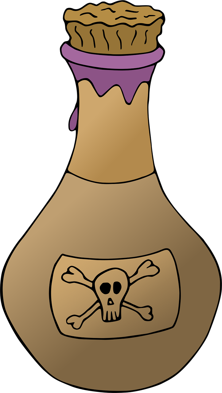 poison, bottle, skull and crossbones, cork, stopper, liquid, leaking, color, brown, purple, container, toxic, dangerous, potion, vial, brown skull, brown bottle