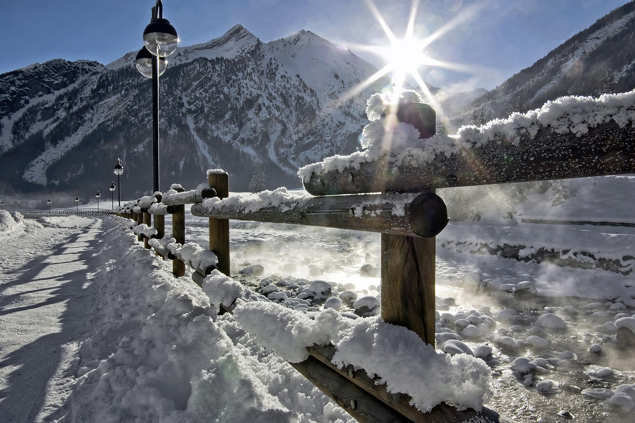 mountain, winter, alps, snowfall, whitewashed road, picket fence, street lamps, sunny, evaporation, torrent, vapor, rays of sunshine, snowy landscape, scenic
