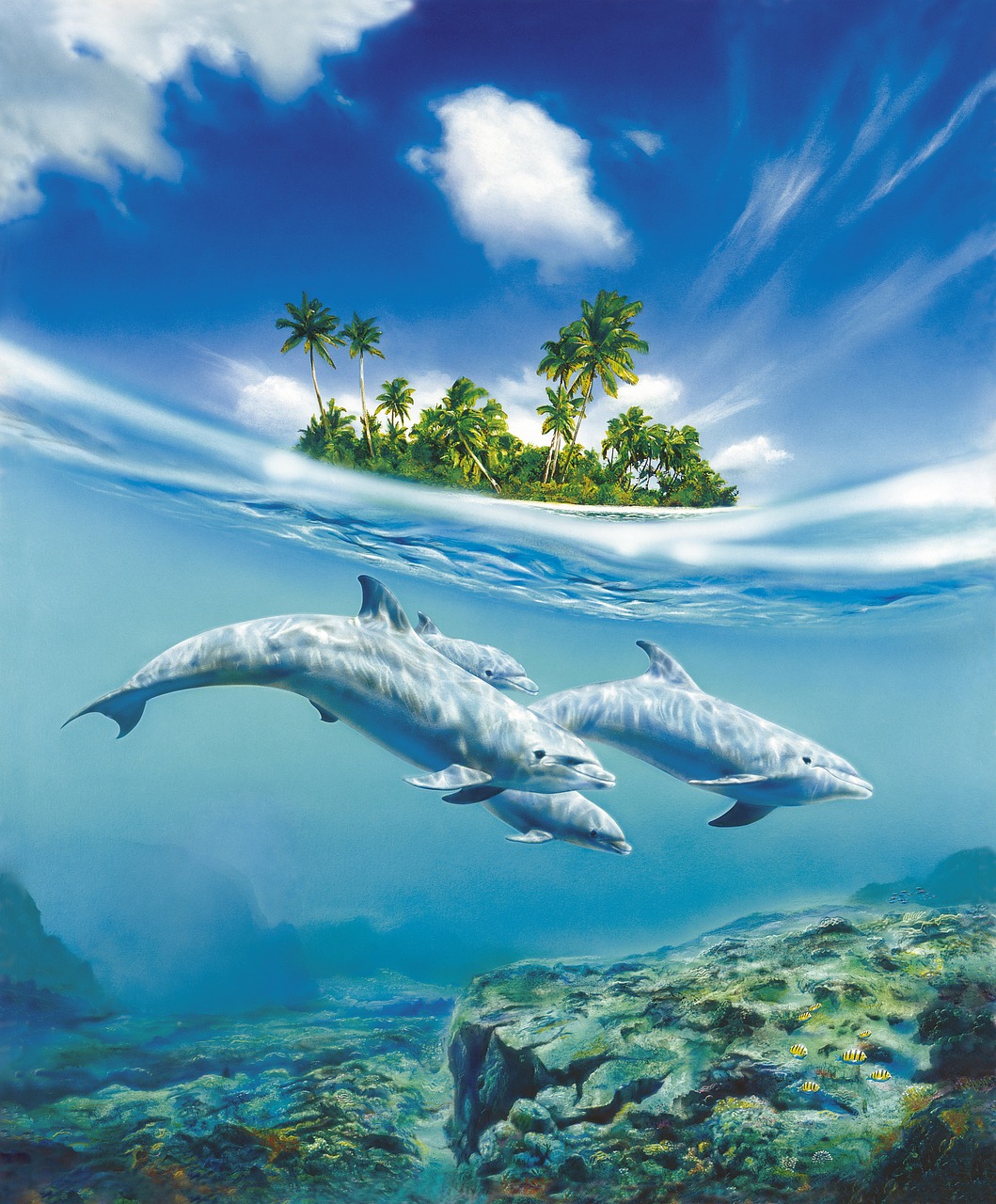 water, blue, palms, dolphin