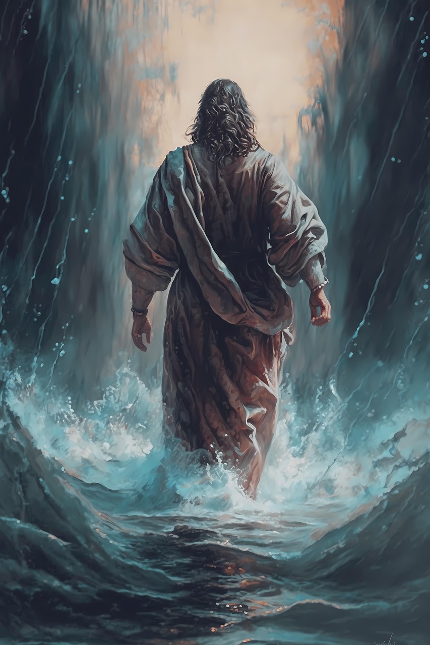 jesus, walking on water, christianity, faith, biblical, miracle, water, religion, spiritual, calm, peaceful, serene, digital art, art, painting, paint