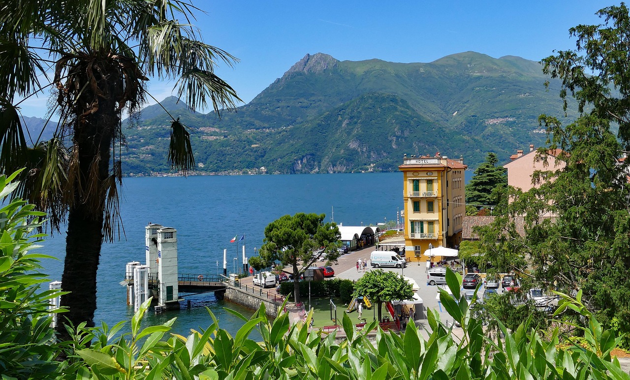 varenna, port, car ferry, italy, lake, tourism, cityscape, lake como, palm tree, mountains