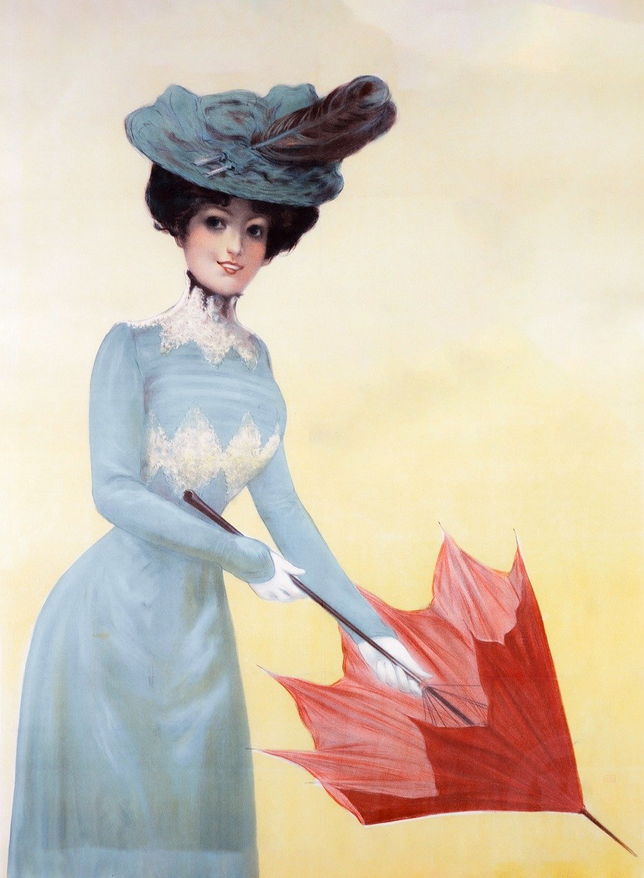 woman, umbrella, sunday best, dressed up, dressy, hat, lady, painting, vintage, happy, pretty, victorian, artwork, female, elegant, rich, clothes, teacher, mom, socialite, librarian, prim, proper, girl, fashion