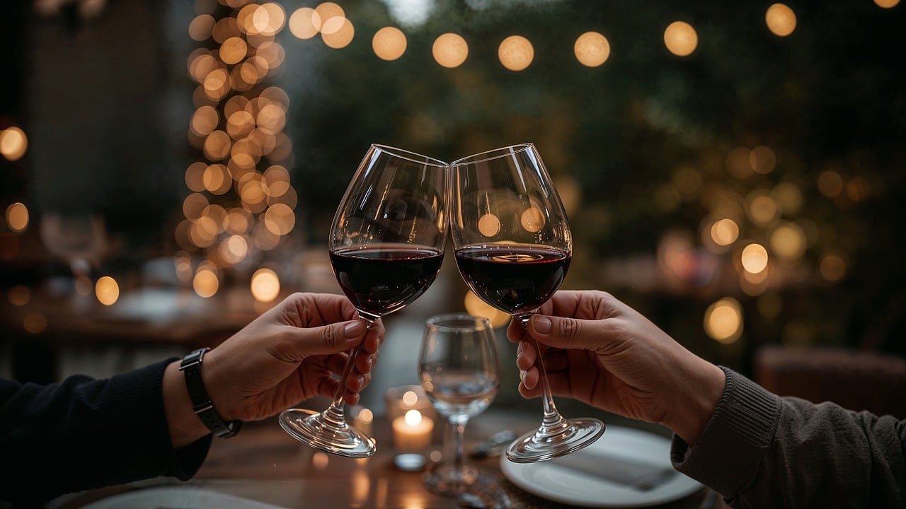 wine, glasses, cheers, celebration, date, evening, romantic, restaurant, bokeh, lights, red, beverage, clinking, toast, hands, focus, blur, atmosphere, table, ai generated