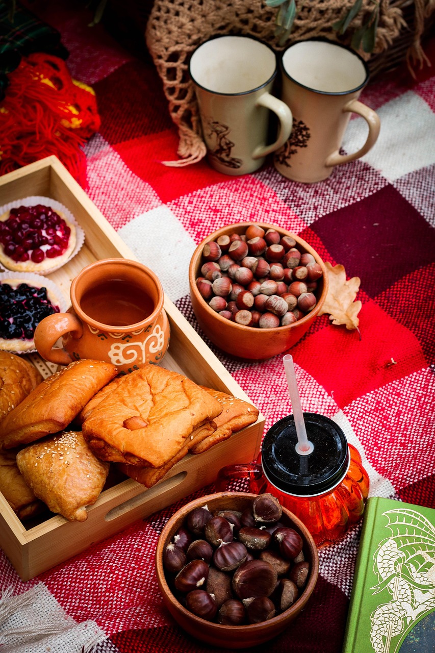 picnic, food, snack, pastries, bread, nuts, buns, basket, plaid, closeup