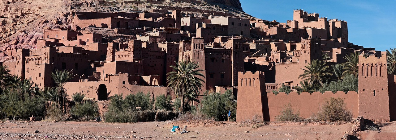 morocco, kasbah, desert, berber, sky, red, blue, sand, stone, ksar, ait-ben-haddou