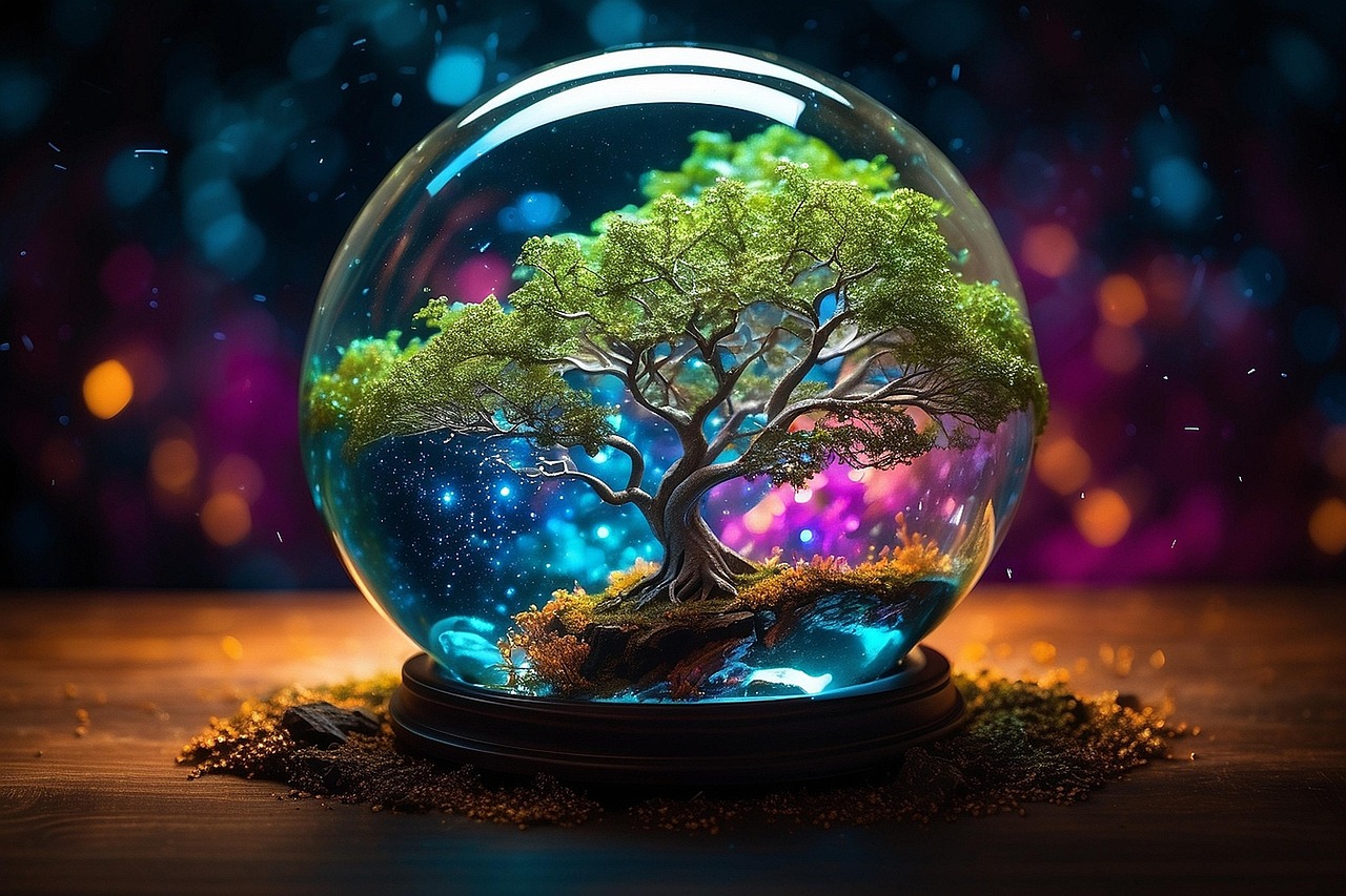 ai generated, tree, globe, sphere, glass, nature