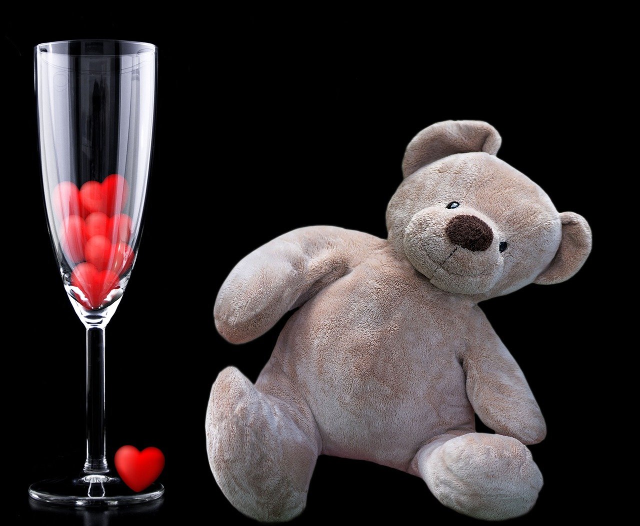 teddy bear, bear, stuffed animal, glass, hearts, gift, surprise