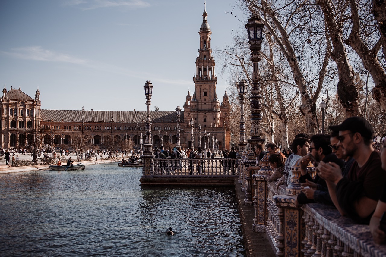 sevilla, plaza de espana, square, špani, spain, architecture, history, water, seville, the building, tiles, monument, bridge, travel, town square, espana, palace, art, decoration, europe, channel, blue, textures, pattern