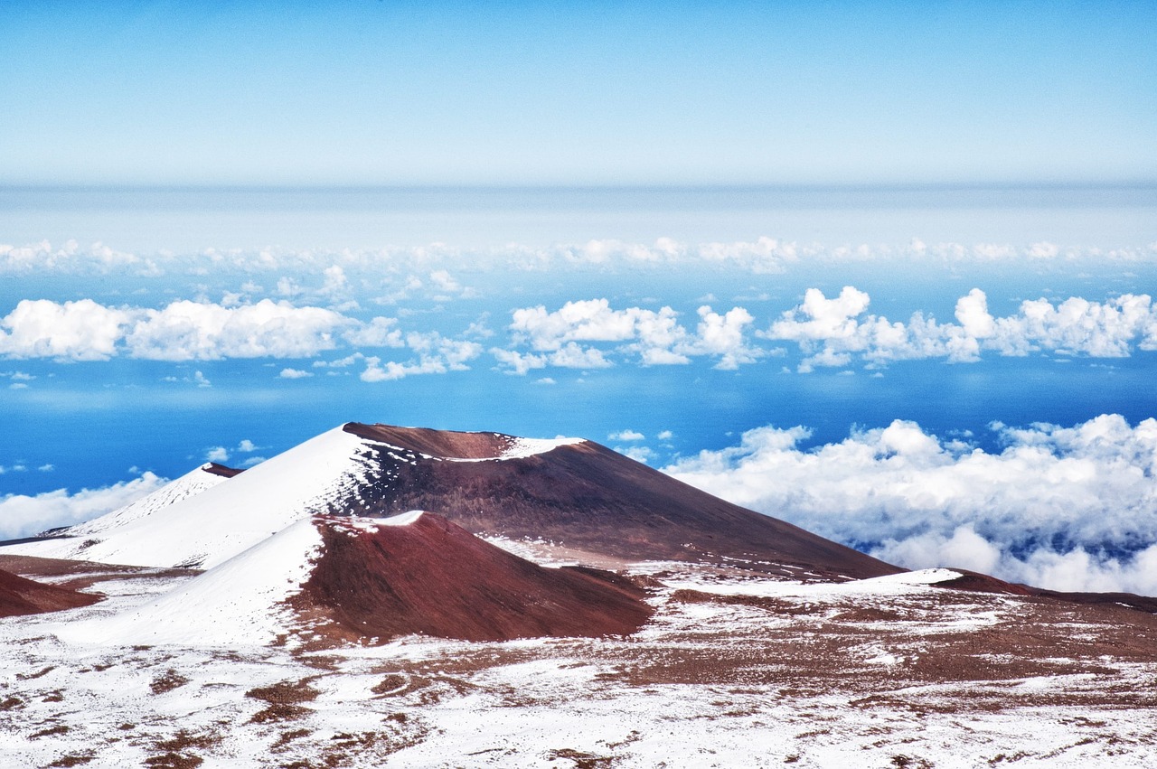 mountain, hawaii, mauna kea, summit, island, nature, landscape, clouds, water, ocean, sky, volcano, hiking, hawaiian