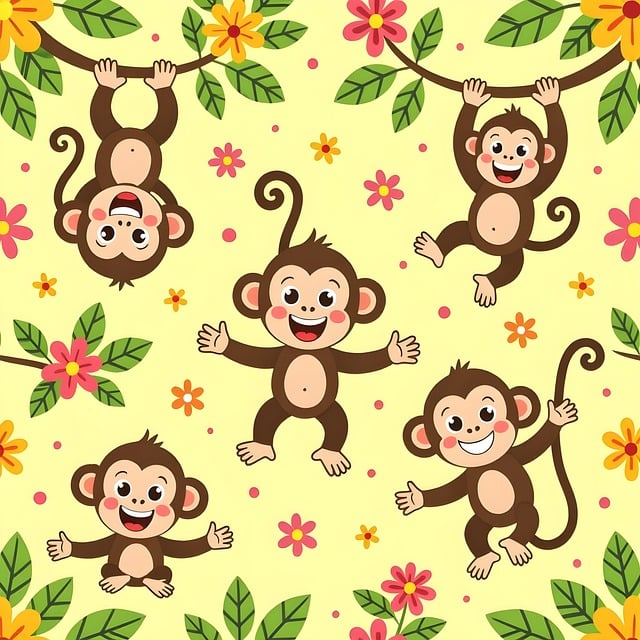 monkeys, nature, primate, animal, wildlife, ape, mammal, jungle, species, fauna, forest, wild, cute, cartoon, laughing, smiling, swinging, hanging, pattern, random, funny, scrapbooking, gift wrap, ai generated