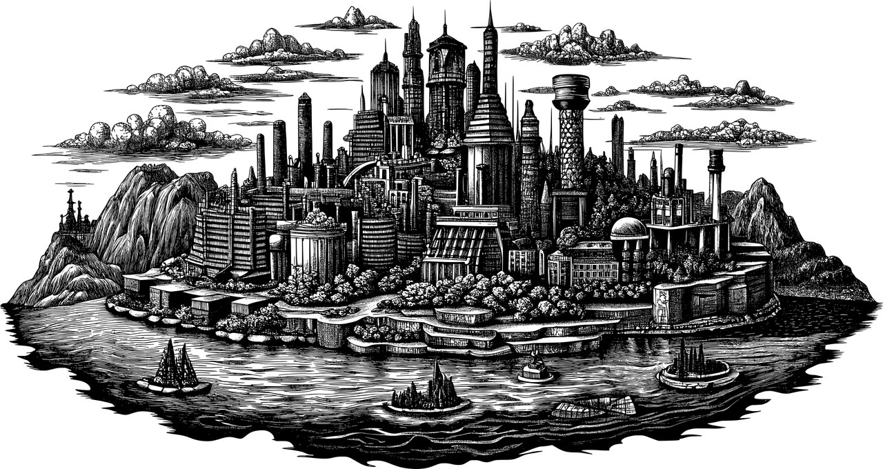 city, town, landscape, buildings, urban, architecture, cityscape, line art, ai generated