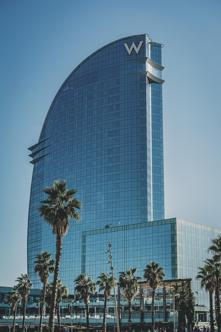 building, hotel, palmtrees, beach, coast, spain, fun, mediterranean, barceloneta, barcelona