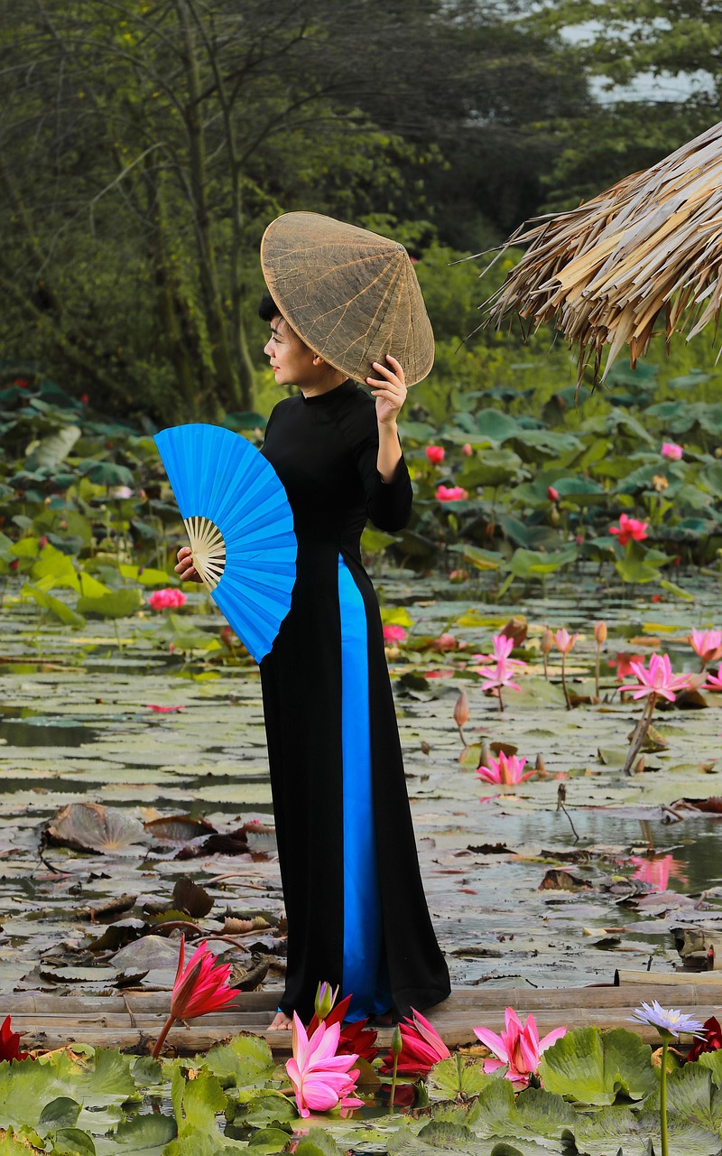 woman, beauty, model, pose, asian, water lily dress, ao dai
