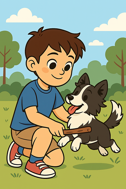playful, friends, boy, child, fun, puppy, excited, fetch, dog, animal, nature, pet, canine, outdoors, playing, memory, iphone wallpaper, book cover, cartoon, training, childhood, joy, ai generated